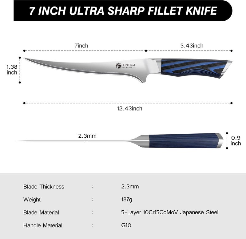 FINTISO 7 Inch Fillet Knife, Professional Meat Boning Knives for in 5-Layer 10Cr15CoMoV Japanese Stainless Steel, Ultra Sharp Fish Knife with Ergonomic G10 Handle for Slicing and Skinning - Image 4